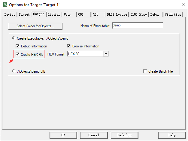 KeilC51基础中如何生成可以下载到单片机的Hex文件  keilc51 第3张
